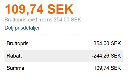 Prisspecifikation som visar bruttopris, rabatt och summa för en produkt med priset 109,74 SEK exklusive moms.