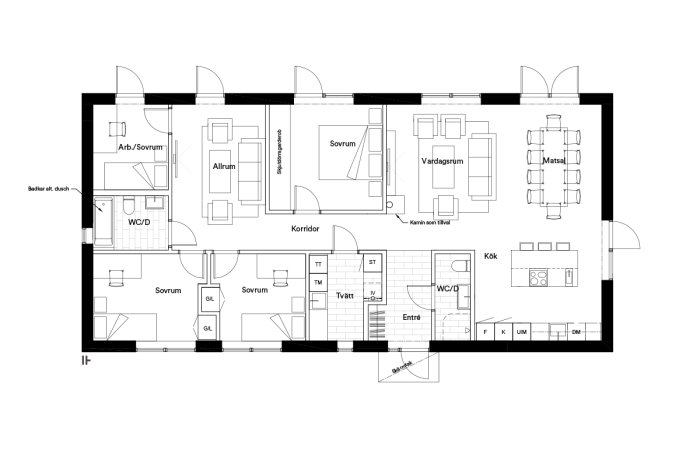 Schematisk ritning av övre plan i ett hus med sovrum, allrum, vardagsrum, matsal och WC/dusch.