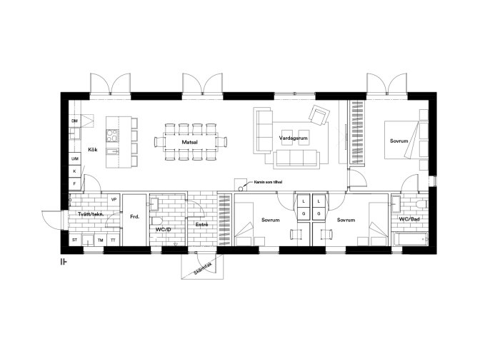 Ritning av enplanshus med tre sovrum, kök, matsal, vardagsrum, och möjlighet till utbyggnad.