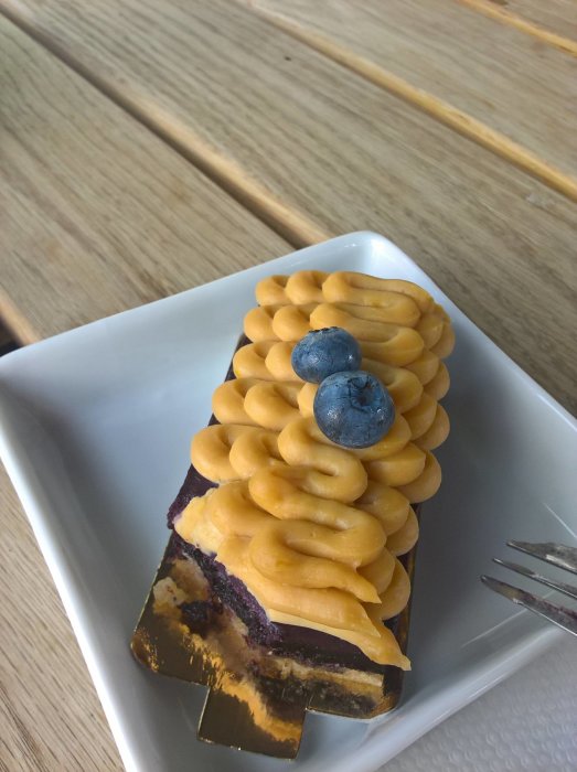 Ett elegant bakverk med krämig topp och blåbär på en vit tallrik med en träbakgrund.