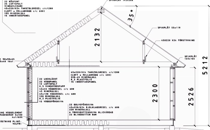 Arkitektonisk snittskiss av en byggnadskonstruktion med mått och materialspecifikationer.