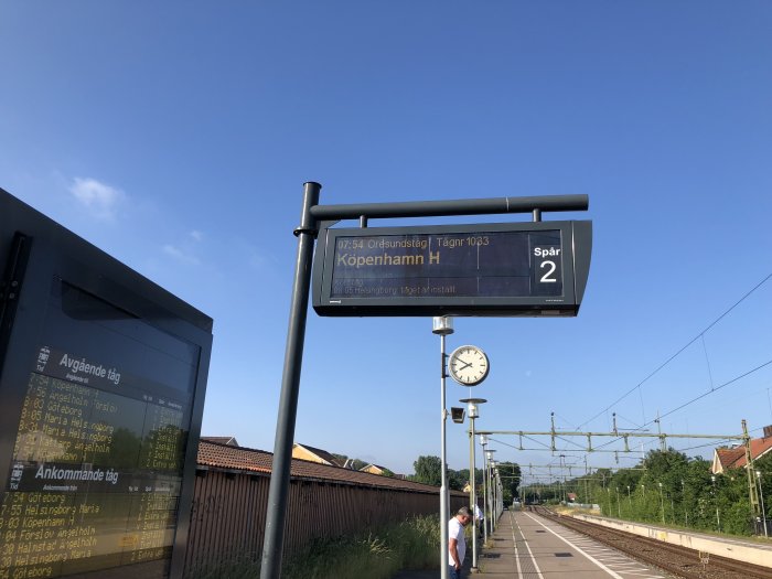 Digital informationstavla på en tågstation med Öresundstågets tidtabell som visar tåg mot Köpenhamn.