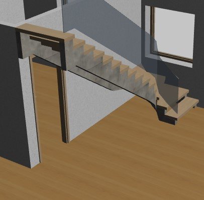 3D-modell av en inomhustrappa som leder till andra våningen med potentiell plats för dörr under.