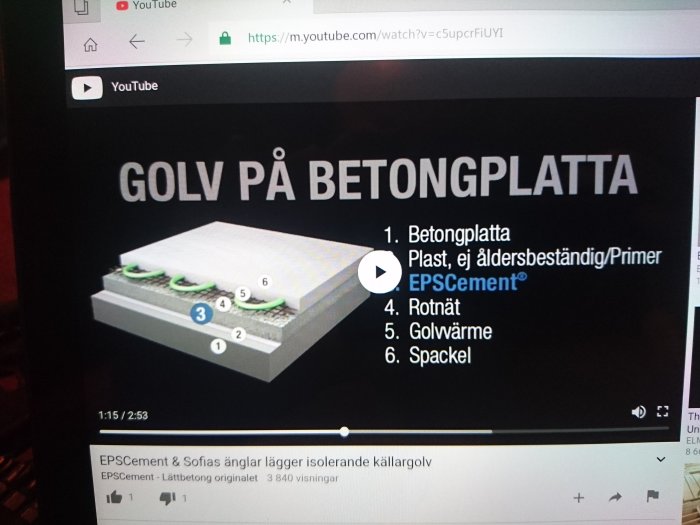 YouTube-video som visar lagring av golv på betongplatta med numrerade komponenter.