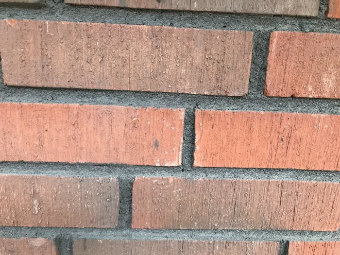 Närbild på en tegelvägg med svart murbruk som fogar mellan de röda tegelstenarna.