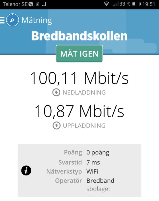 Skärmdump av Bredbandskollen-test visar 100,11 Mbit/s nedladdning och 10,87 Mbit/s uppladdning över wifi.