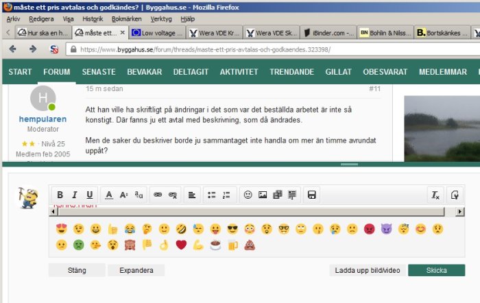 Skärmdump av diskussionsforumstråd på Bygghus.se med användarinlägg och redigeringsverktyg.