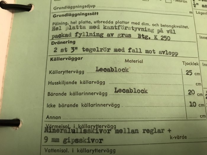 Bygginstruktioner med specifikationer för grundläggning och källarväggar på en konstruktionsskiss.