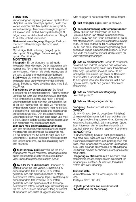 Sida ur manual med instruktioner för montering och underhåll av blandare, med text och ikoniska diagram.