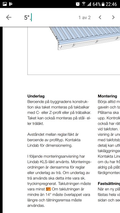 Skärmbild av monteringsanvisning för tak med beskrivning av underlag och montering, med illustration av takprofil.