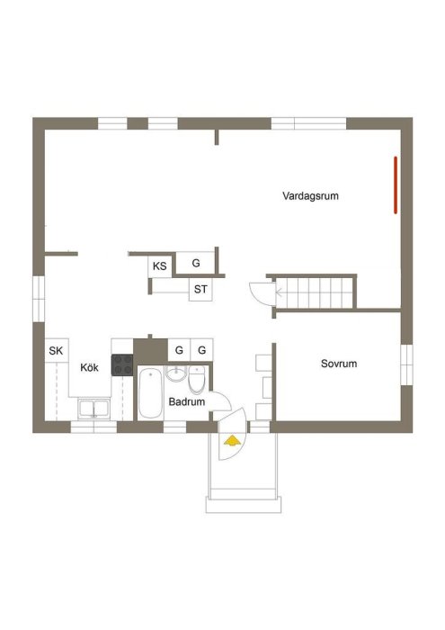 Planritning över ett enplanshus med markerat område för installation av luft-luftvärmepump i vardagsrummet.