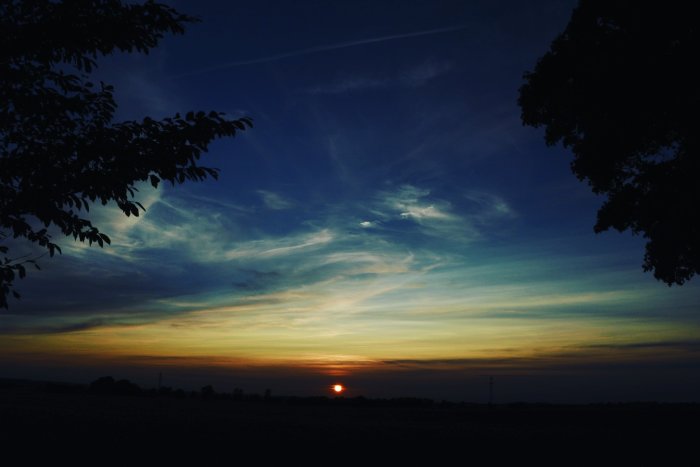 Solnedgång över ett fält med färgglada himmelsstrålar och silhuett av träd.