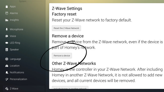 Skärmdump av Z-Wave enhetsborttagningsinställningar med markerad "Remove a device"-knapp.