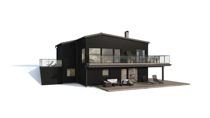 3D-rendering av modernt svart hus med sadeltak, balkong och stort trädäck.