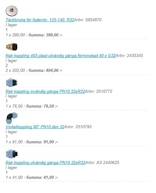 Skärmdump av VVS-produkter med priser, inkluderar täckbricka, diverse rörkopplingar och vinkelkoppling.