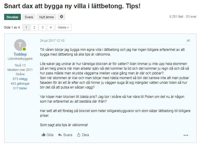 Skärmdump av ett diskussionsforum där en användare efterfrågar tips för att bygga ett hus i lättbetong.