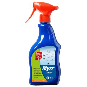 Flaska med Myrr Spray från Bayer Garden mot skadedjur.