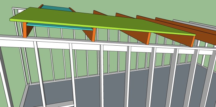 3D-modell av takkonstruktion för ett fritidshus med pulpettak och tvärgående limträbalkar.