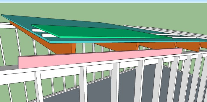 3D-modell av en takkonstruktion för ett fritidshus med pulpettak, visande balkar, isolering och råspont.