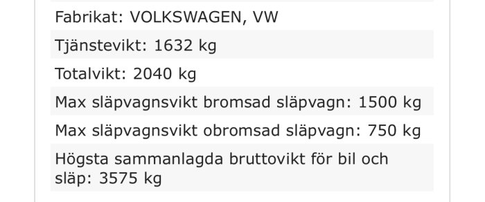 Information från fordonsspecifikation med märke Volkswagen och viktbegränsningar för släpvagnar.