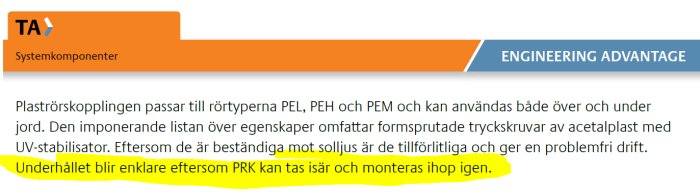 Skärmdump av en webbsida med information om VVS-systemkomponenter PRK och dess underhållsfördelar.