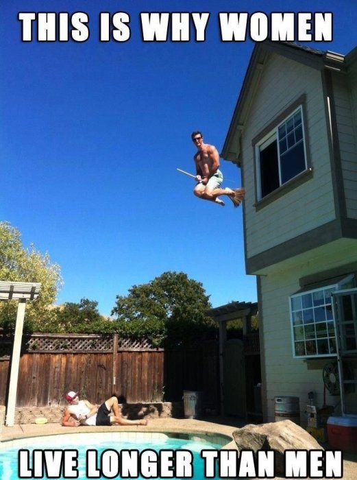 Man hoppar från tak till pool, kvinna solar vid poolkanten, mem-text "This is why women live longer than men.