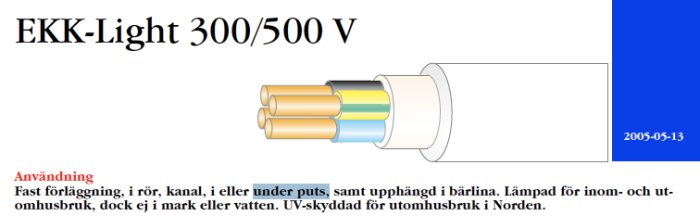 Diagram för EKK-Light 300/500 V kabel med tre ledare och vit isolering.