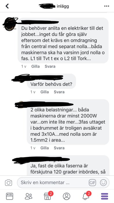 Skärmdump av ett diskussionsinlägg i ett forum om elektriska installationer för badrum med rekommendation att anlita elektriker.