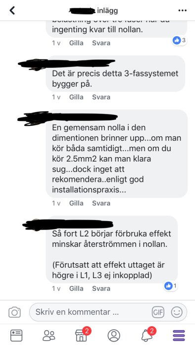 Skärmdump av ett diskussionsforum om elektriska installationer i badrum med kommentarer och svar.