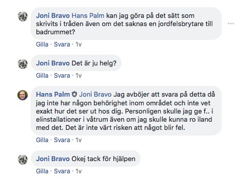 Skärmdump av en diskussion på ett forum där användare ger råd om elinstallationer och säkerhet.