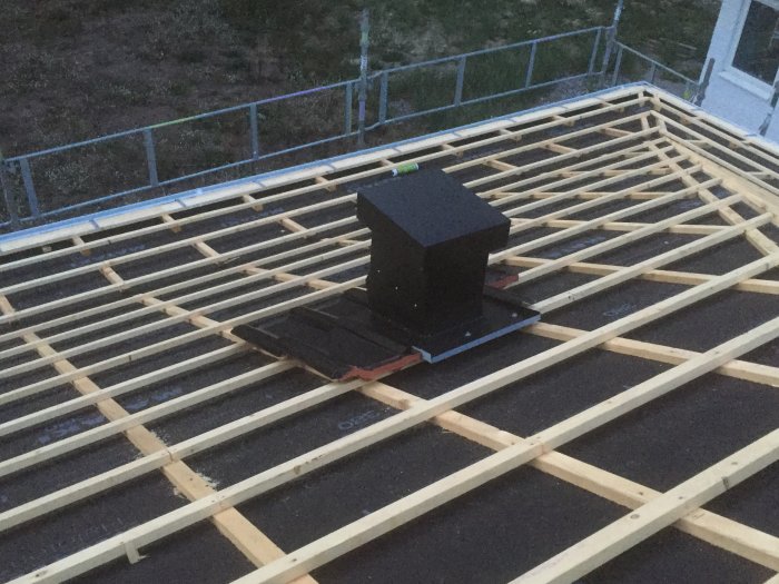 Nyinstallerade huvar för köksfläkt och värmepump på ett tak med träreglar, under konstruktion i skymningen.