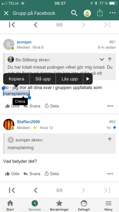 Skärmdump från diskussionsforum där användare ställer en fråga om termen "mansplaining".