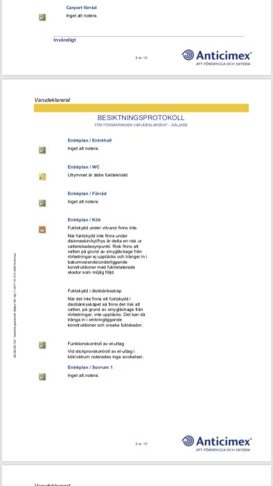 Bild av ett besiktningsprotokoll från Anticimex, omfattar bedömningar av fuktskador och funktionskontroll av eluttag.