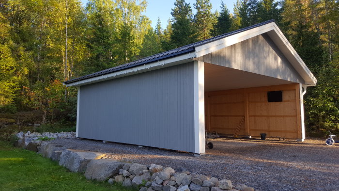 Carport med monterade hängrännor under klart himmel, med omgivande grönska och grushusgrund.