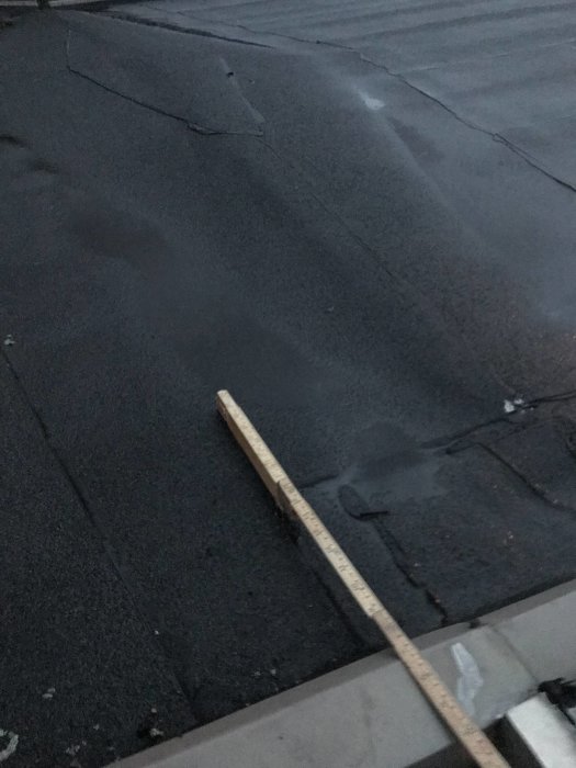 Tak med svart papp som visar en uppbyggnad, vattenpölar och en tumstock som pekar på läckageplats.