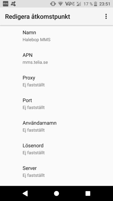 Skärmbild på mobilinställningar för en MMS-åtkomstpunkt med namn, APN och andra ej ifyllda fält.