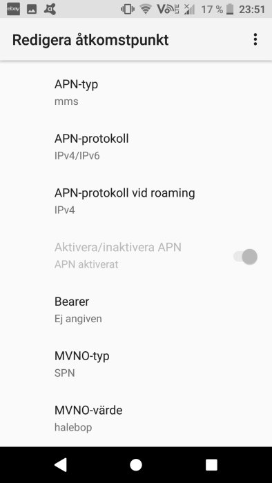 Skärmbild av inställningar för accesspunkt på en mobil med APN-typ mms och MVNO-värde halebop.