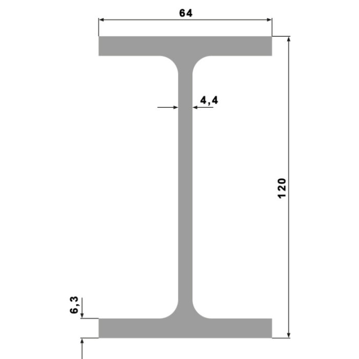 Ritning av en stålbalks profil med måttangivelser i millimeter.