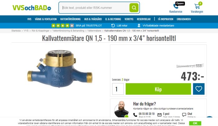 Kallvattenmätare av blå och guld färg med specifikationen QN 1,5 - 190 mm x 3/4" visad på en webbsida med prisinformation.