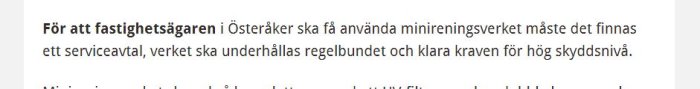 Skärmklipp av en text som beskriver krav för användning av minireningsverk.