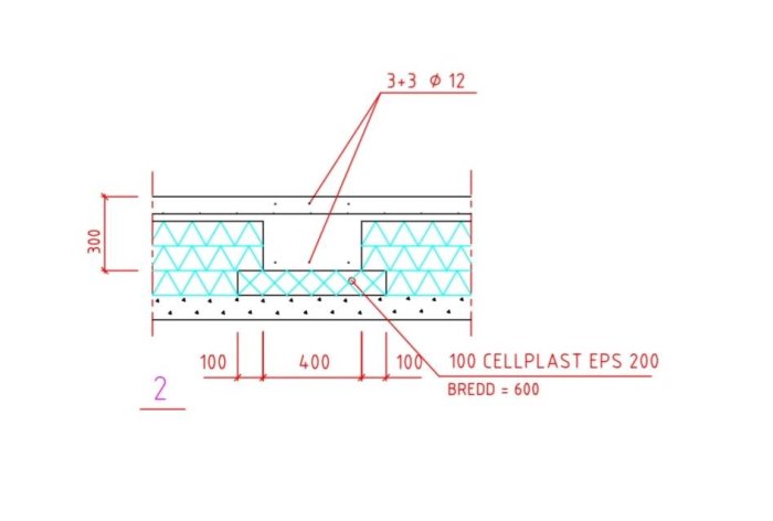 Teknisk ritning av betongkonstruktion med armering och måttangivelser, inklusive 100mm cellplast EPS 200 isolering.