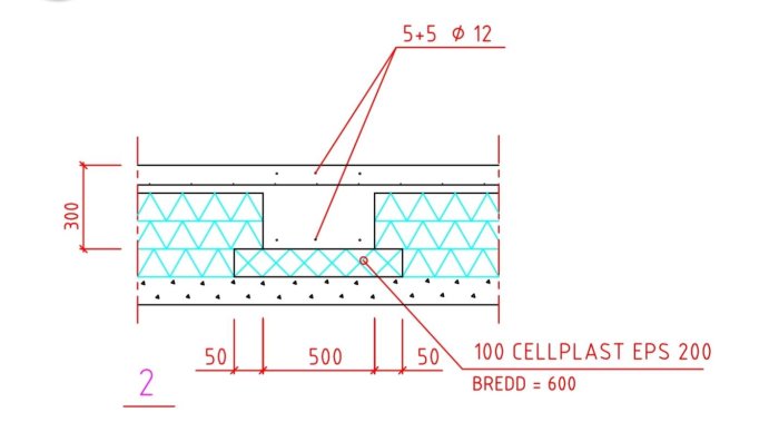 Konstruktionsritning med måttangivelser på betongstruktur, armering och cellplast med noteringar på svenska.