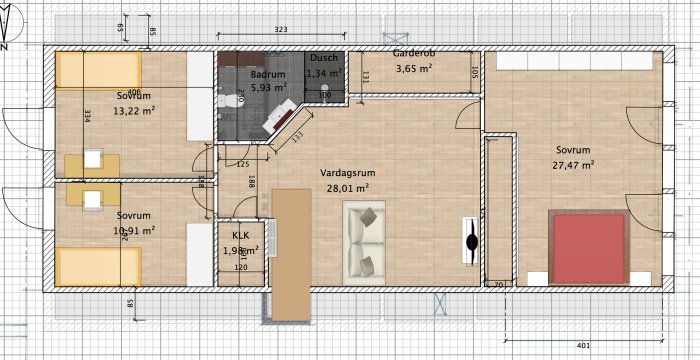 Ritning över ovanvåning i ett 70-talshus med sovrum, badrum, garderob och vardagsrum markerade.