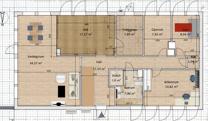 Arkitektritning av ett hus med tydligt markerade rum och mått, inklusive vardagsrum, kök, badrum och sovrum.