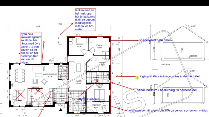 Arkitektonisk planritning med anteckningar om ändringar för ett husprojekt.