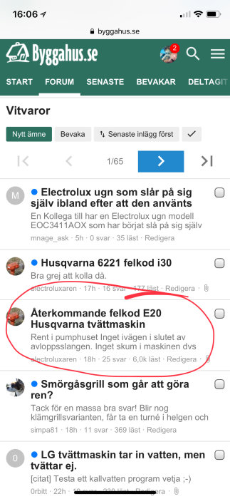 Skärmdump av diskussionsforum på en mobil enhet med användarprofil och lästmarkeringar i röda cirklar.