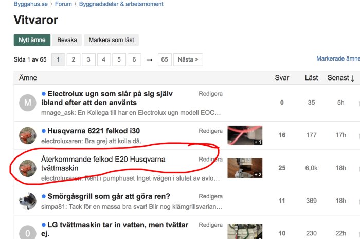 Skärmdump från diskussionsforum med markerad diskussionstråd om återkommande felkod E20 på en tvättmaskin.