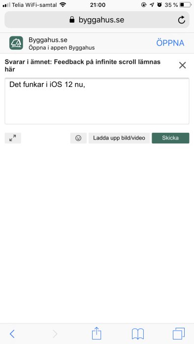 Skärmdump av en forumtråd på Bygghus.se med texten "Det funkar i iOS 12 nu," inmatad i inläggfältet.