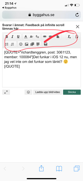 Skärmdump från ett mobilt diskussionsforum som visar ett textredigeringsverktyg med markerade verktygsikoner.
