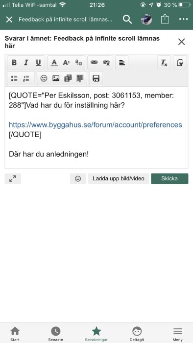 Skärmdump av ett diskussionsinlägg på byggforum med citat och länk till inställningar.